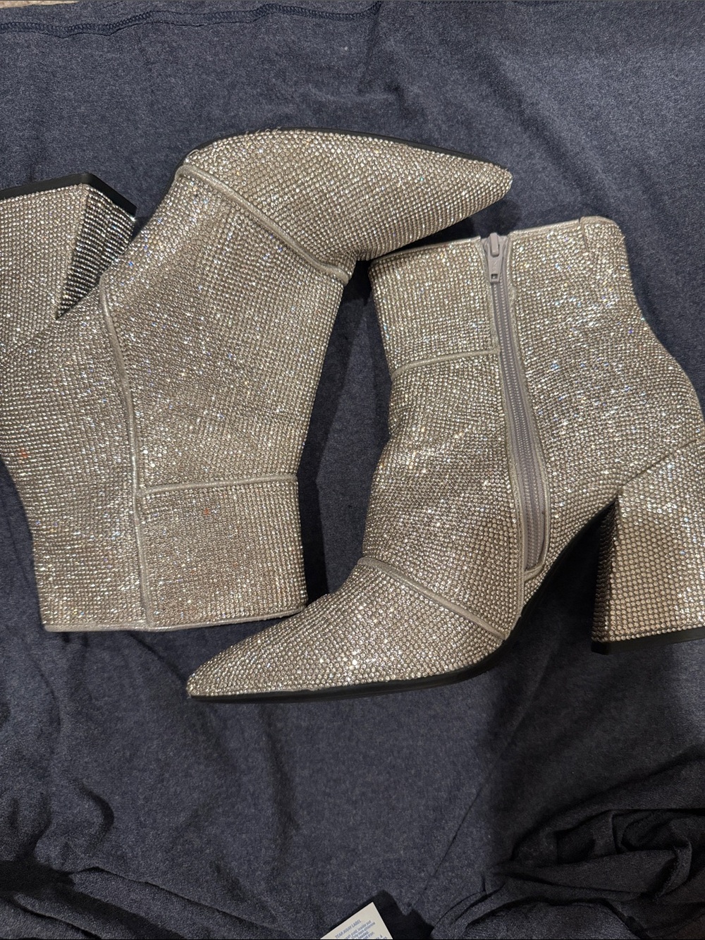 Glitter Block Heel Ankle Boots - Silver